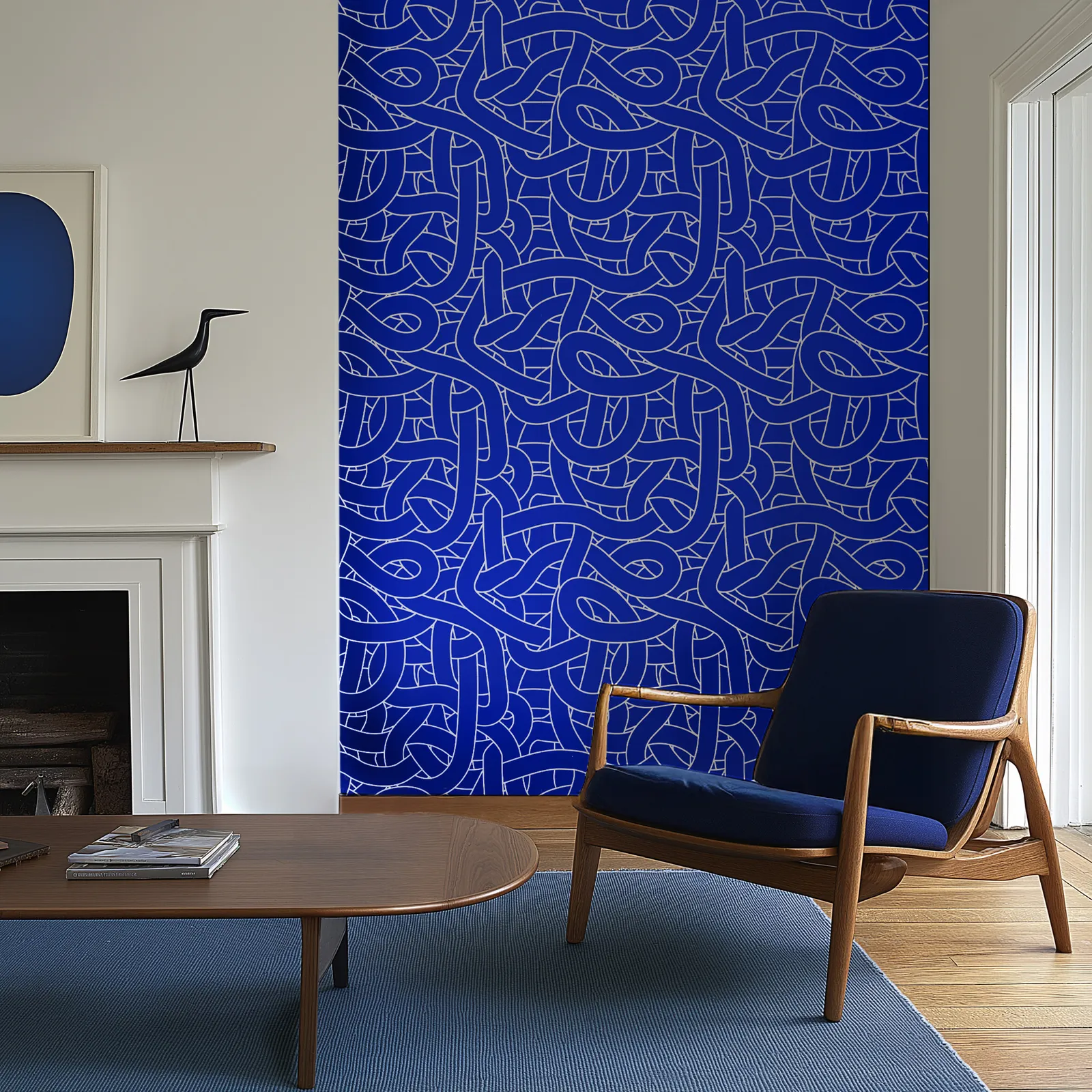 The project scope included the creation of 'loop' a bespoke wallpaper pattern designed to showcase Boundless Blue's distinctive characteristics, demonstrating how the colour could transform interior spaces with its dynamic, light-responsive properties.